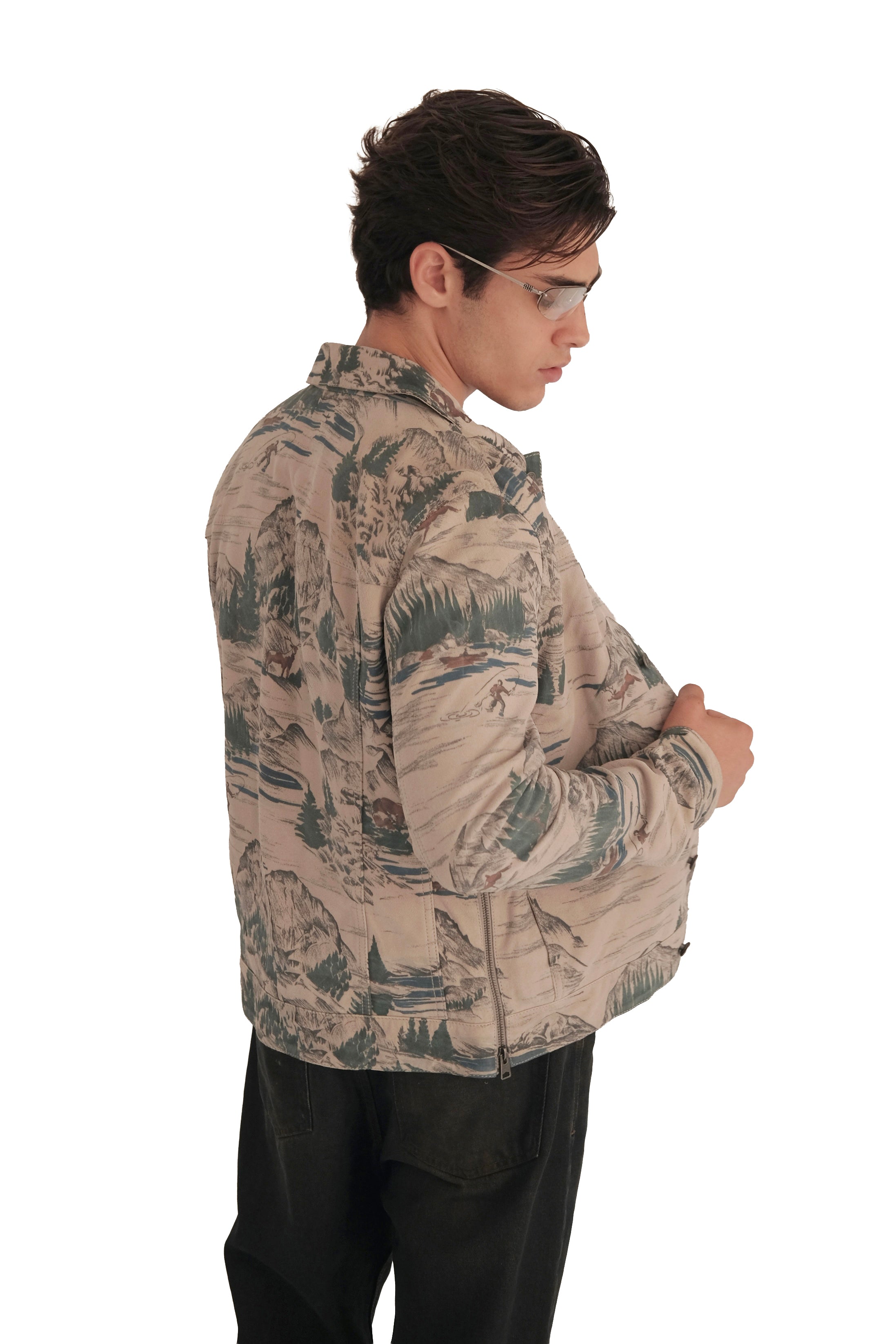 AllSaints 'Mt. Landscape' Printed Suede Leather Trucker Jacket