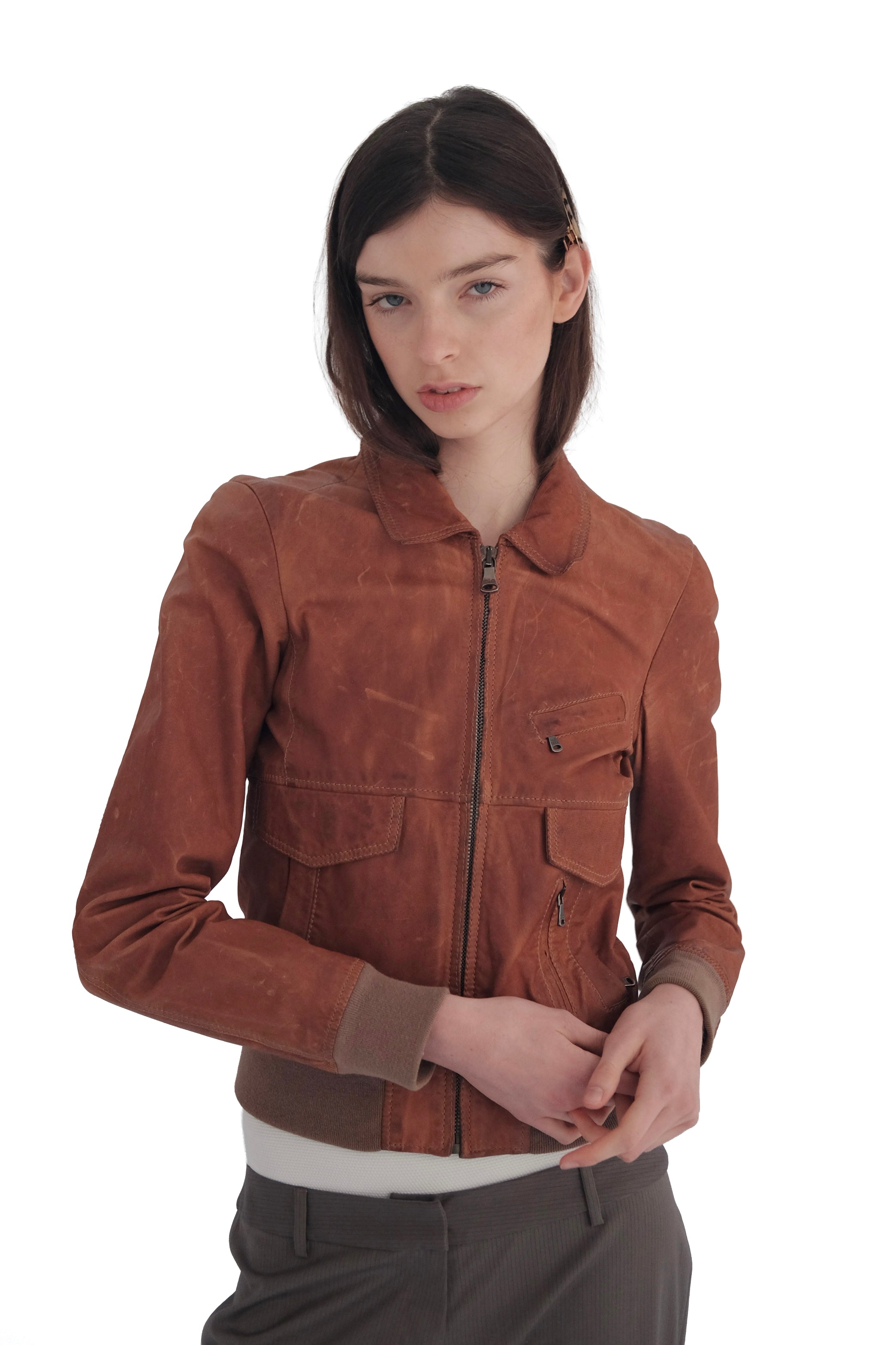 Dolce & Gabbana Archival Y2K Distressed Brown Leather Bomber Jacket