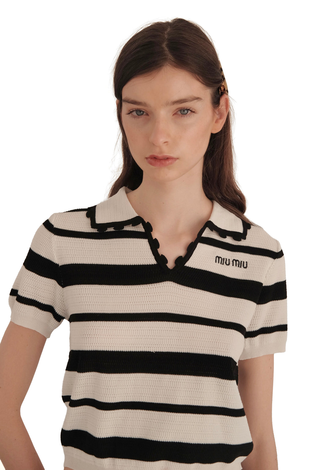 Miu Miu Striped Cotton Crochet Polo and Mini Skirt Set