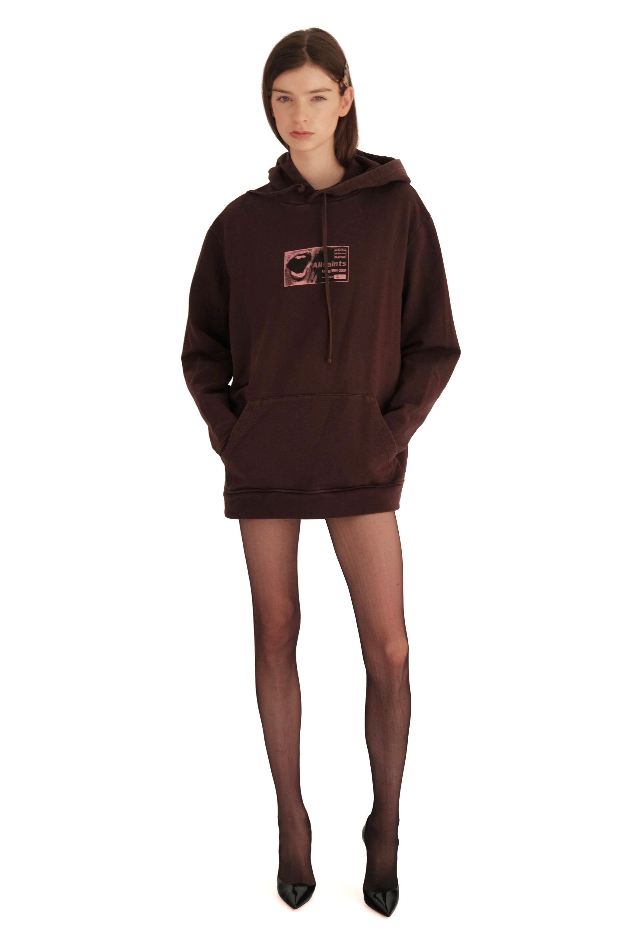 AllSaints Shout Graphic Brown Hoodie